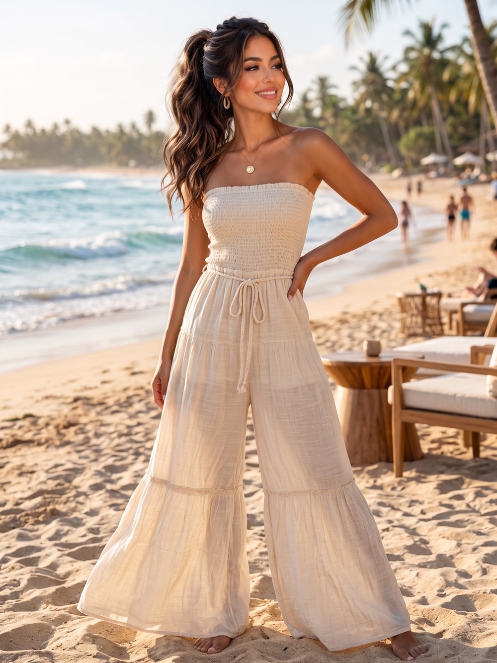 B770. Boho Chic Strapless Cream Wide Leg Jumpsuit